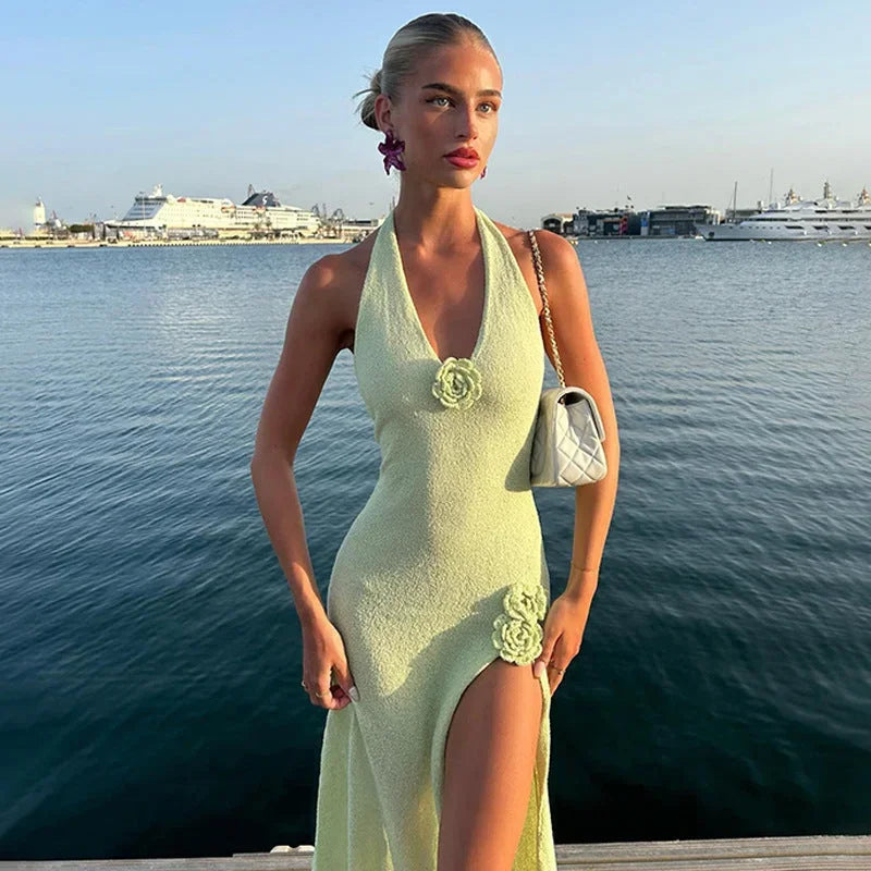 Robe longue femme dos nu avec fleur et fente | ROBEMODE