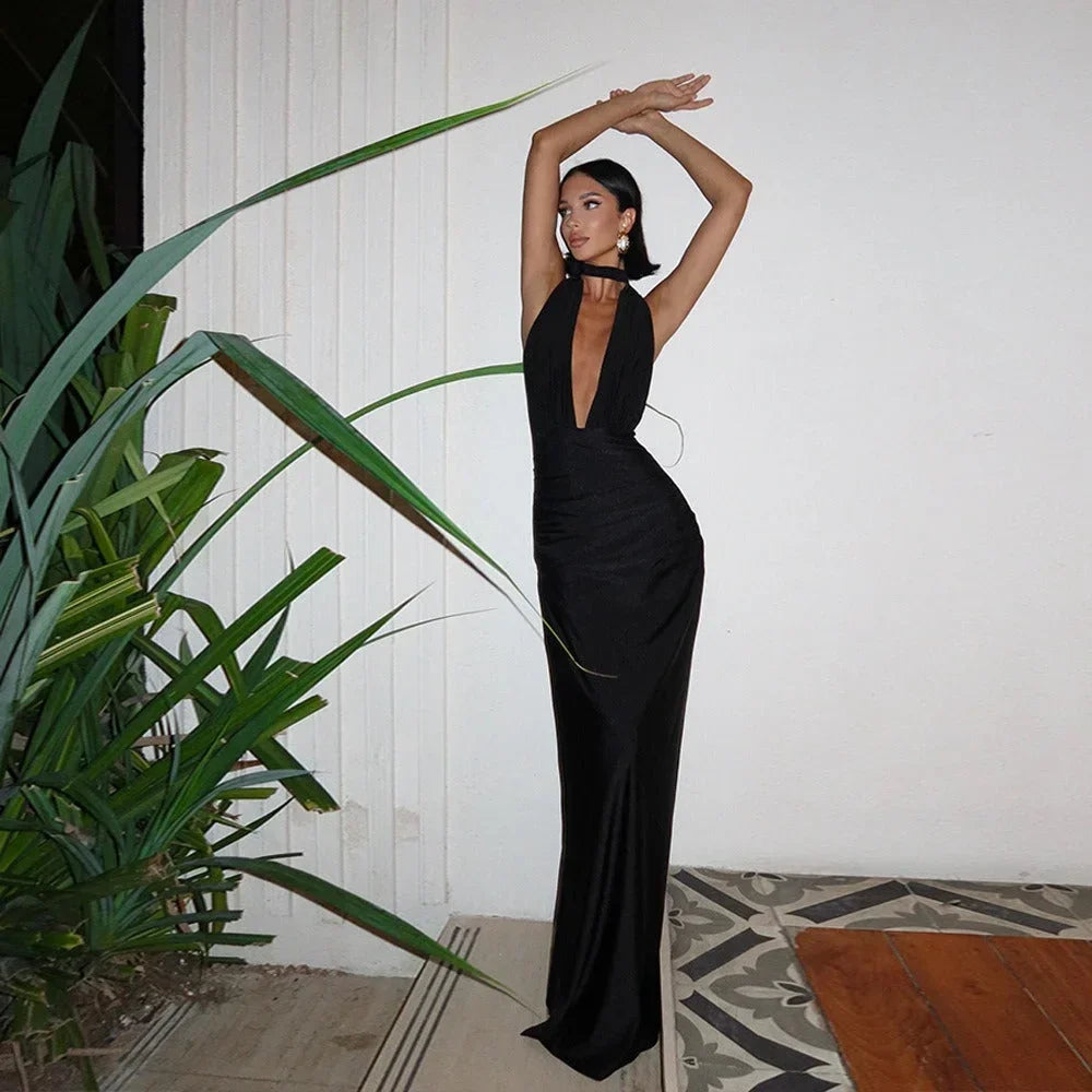 Robe Longue Dos Nu Bicolore Décolleté Soirée Élégante | ROBEMODE