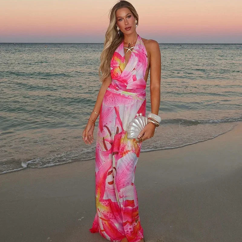 Robe longue dos nu rose motif tropical été plage | ROBEMODE