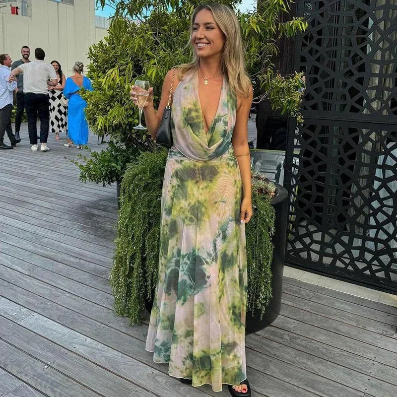 Robe longue femme tie-dye verte et rose dos nu | Coupe féminine + Style élégant + Facile à accessoiriser – ROBEMODE
