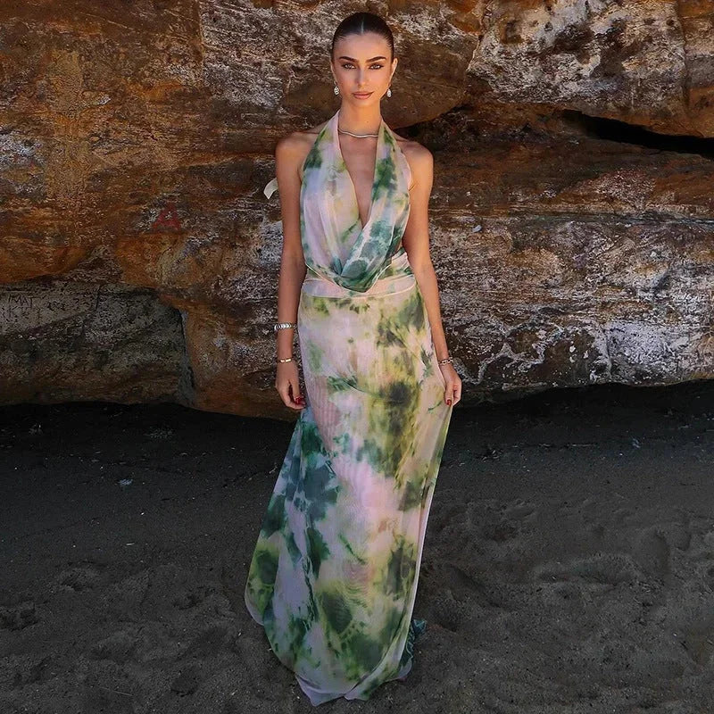 Robe longue femme tie-dye verte et rose dos nu | Coupe féminine + Style élégant + Facile à accessoiriser – ROBEMODE
