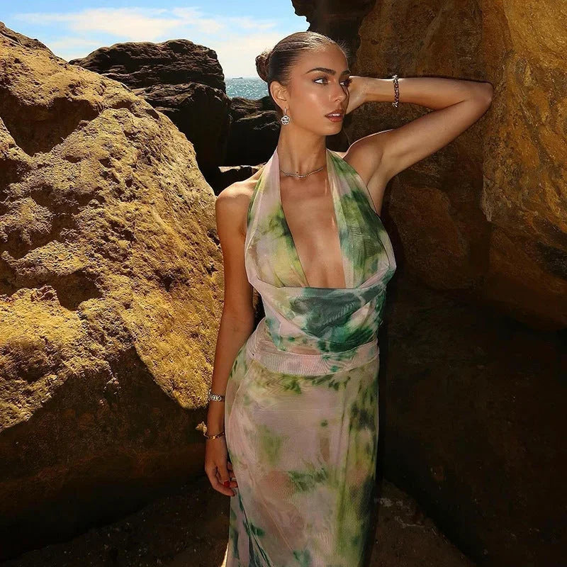 Robe longue femme tie-dye verte et rose dos nu | Coupe féminine + Style élégant + Facile à accessoiriser – ROBEMODE