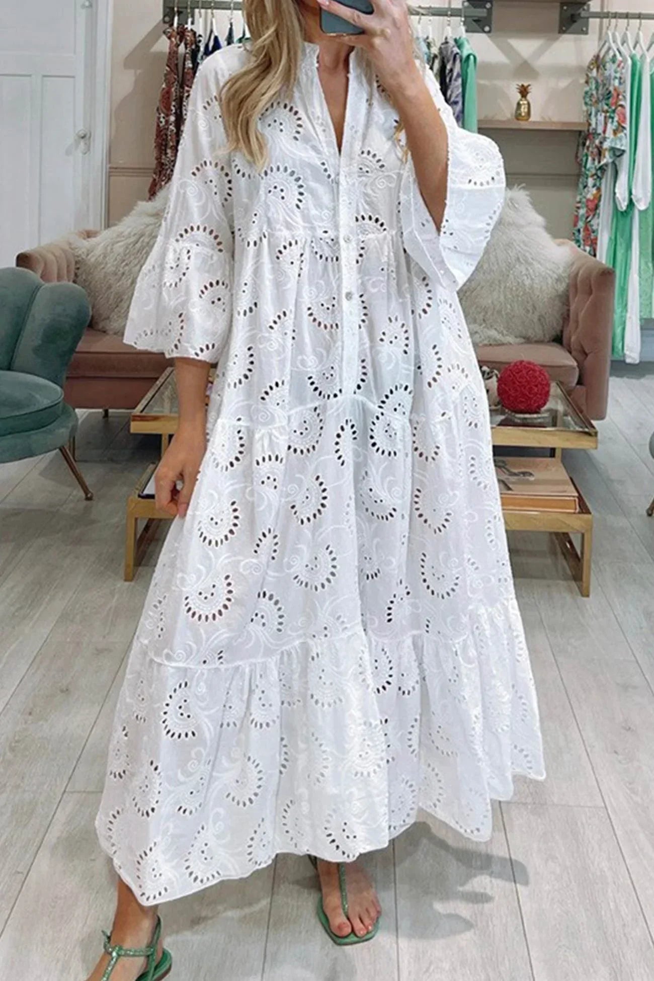 Robe longue ajourée manches 3/4 col V été