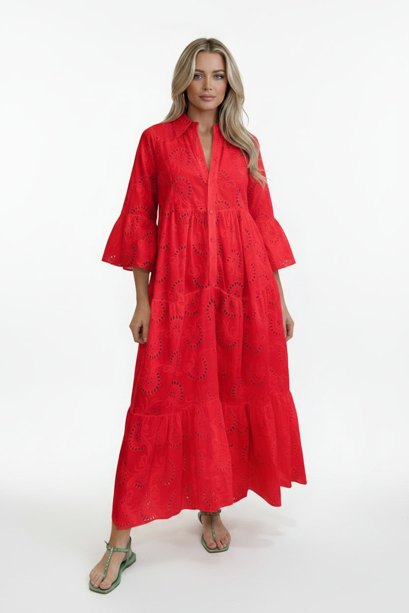 Robe Longue Ajourée Femme Manches 3/4 Col V Grande Taille | ROBEMODE