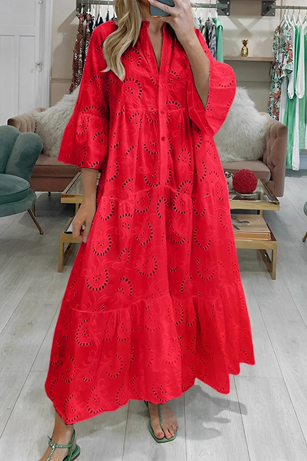 Robe longue ajourée manches 3/4 col V été