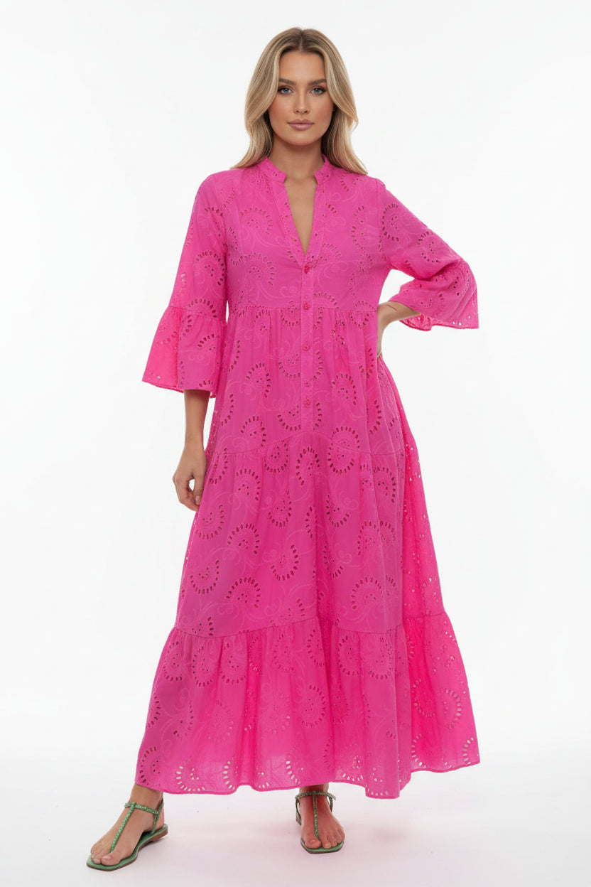 Robe Longue Ajourée Femme Manches 3/4 Col V Grande Taille | ROBEMODE