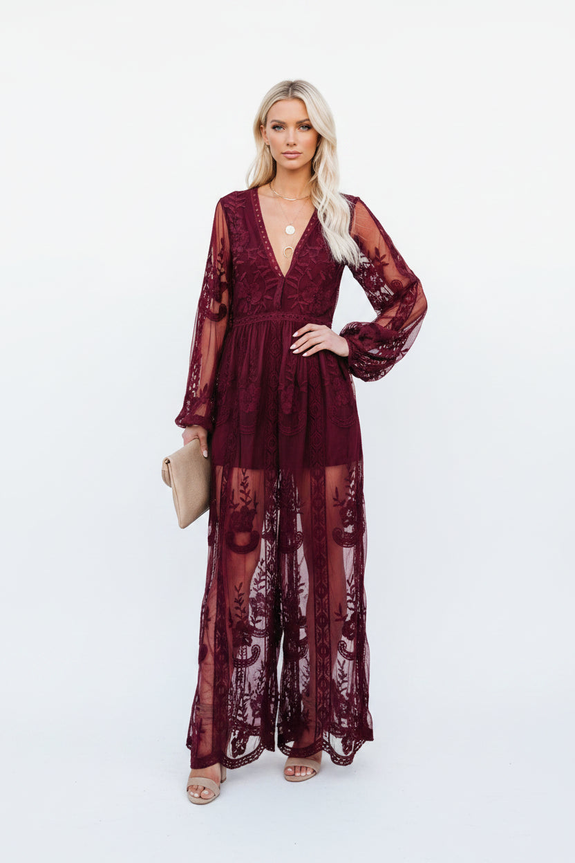 Robe Longue Dentelle Transparente Col V Manches Longues 3 Coloris | ROBEMODE