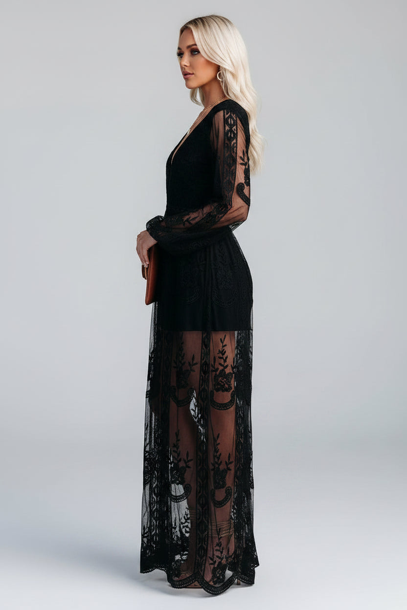 Robe Longue Dentelle Transparente Col V Manches Longues 3 Coloris | ROBEMODE