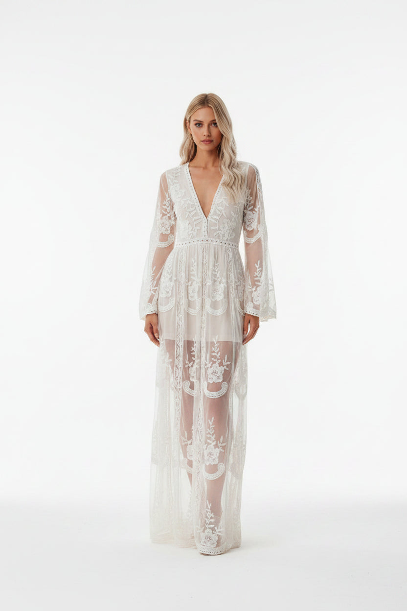 Robe Longue Dentelle Transparente Col V Manches Longues 3 Coloris | ROBEMODE