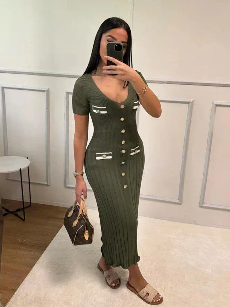 Robe longue femme avec boutons et col en V | Coupe féminine + Style élégant + Facile à accessoiriser – ROBEMODE