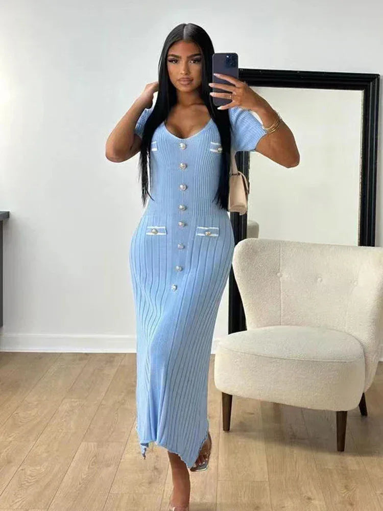 Robe longue femme avec boutons et col en V | Coupe féminine + Style élégant + Facile à accessoiriser – ROBEMODE