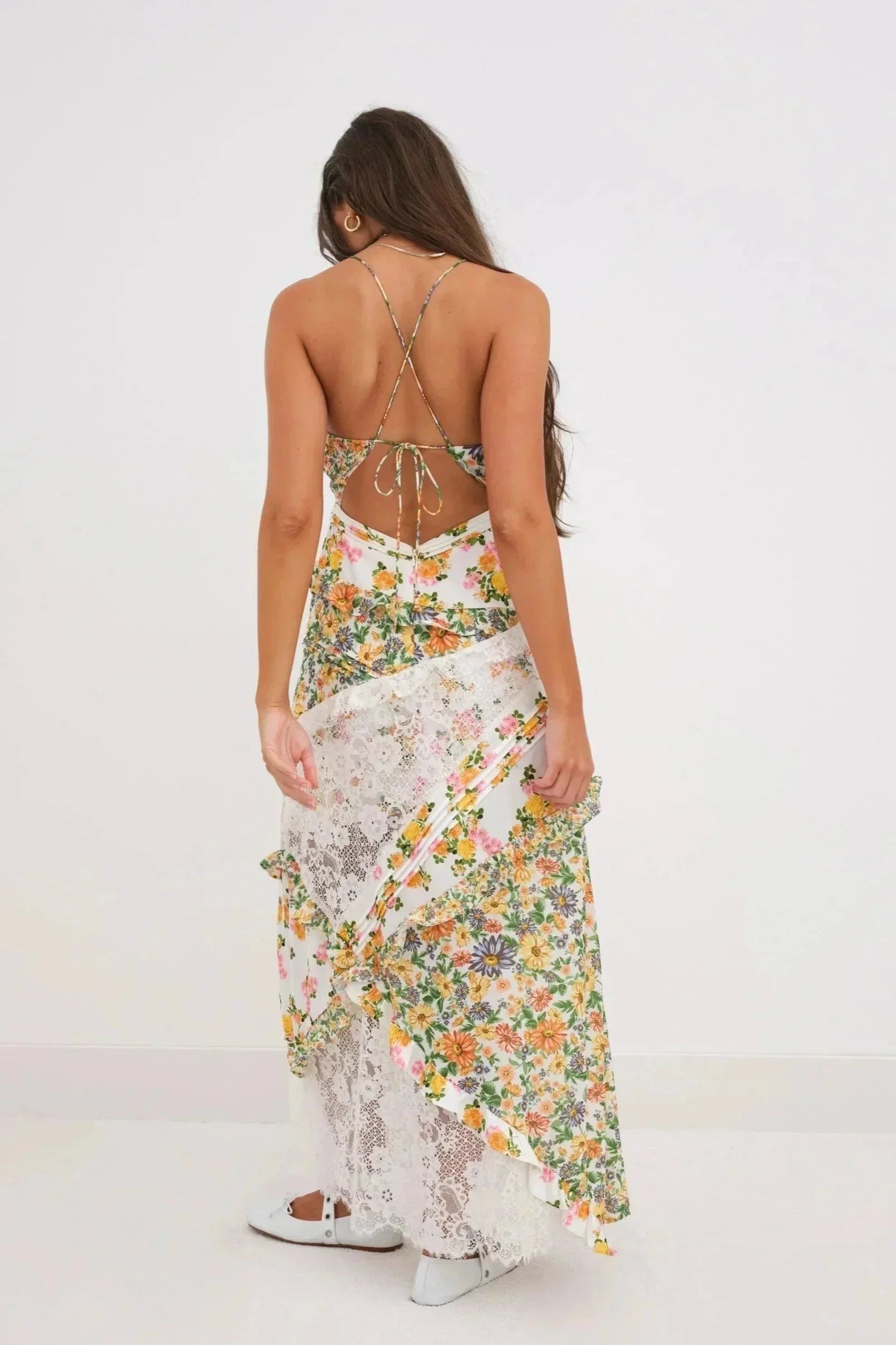 Robe longue femme avec dentelle et imprimé floral | ROBEMODE