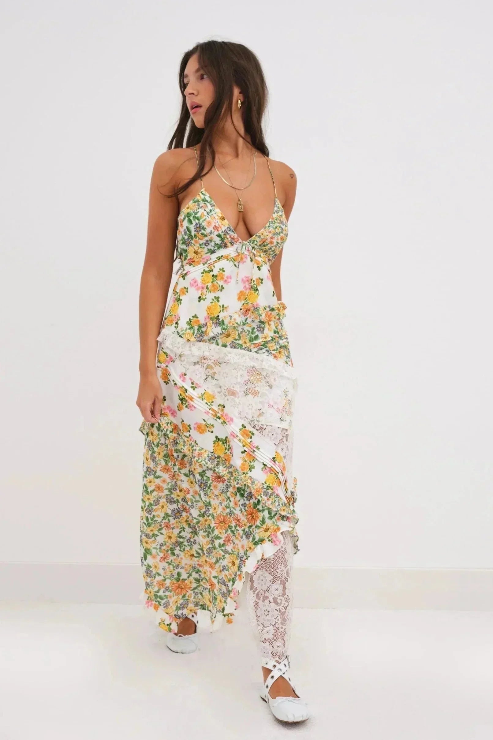 Robe longue femme avec dentelle et imprimé floral | ROBEMODE