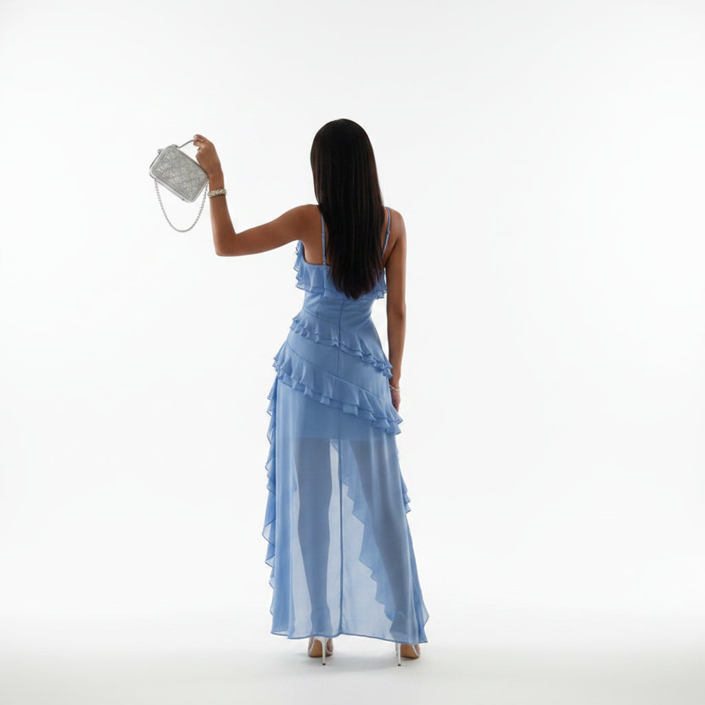 Robe Longue Femme Bleue à Volants Élégante | ROBEMODE