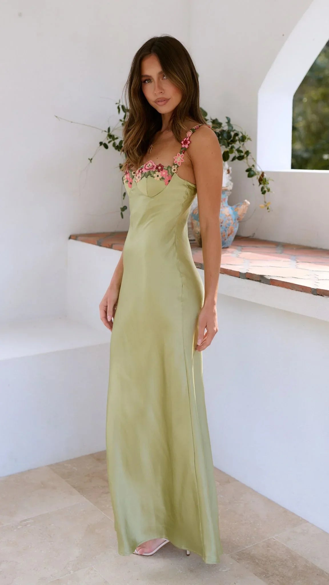Robe Longue Vert Clair Femme Bretelles Florales Maxi Été | ROBEMODE