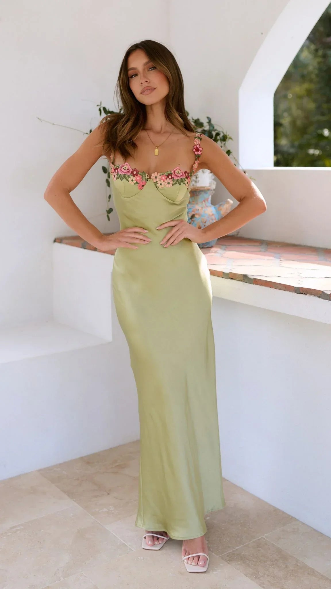 Robe Longue Vert Clair Femme Bretelles Florales Maxi Été | ROBEMODE