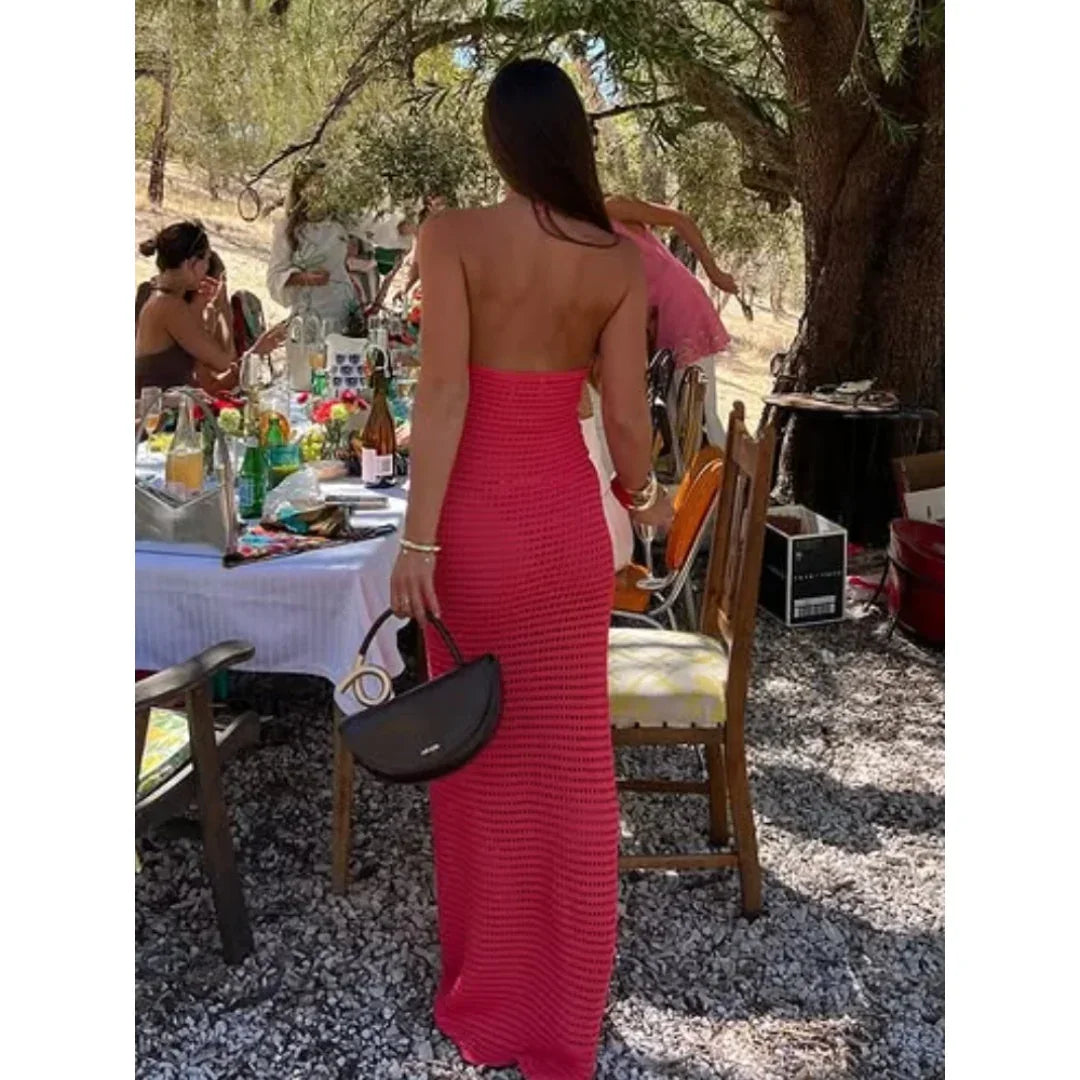 Robe longue femme crochet rouge avec fleurs oranges | ROBEMODE