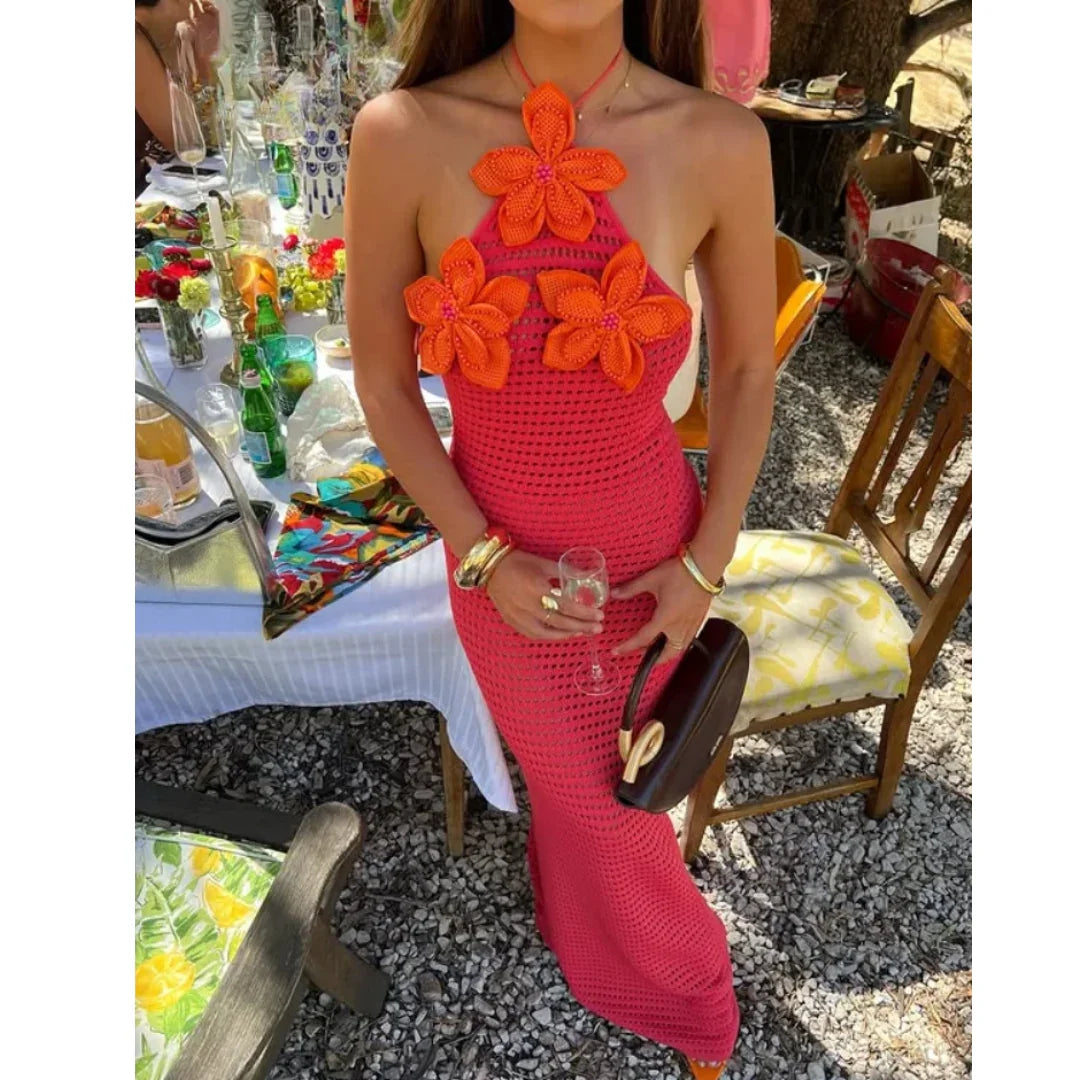 Robe longue femme crochet rouge avec fleurs oranges | ROBEMODE