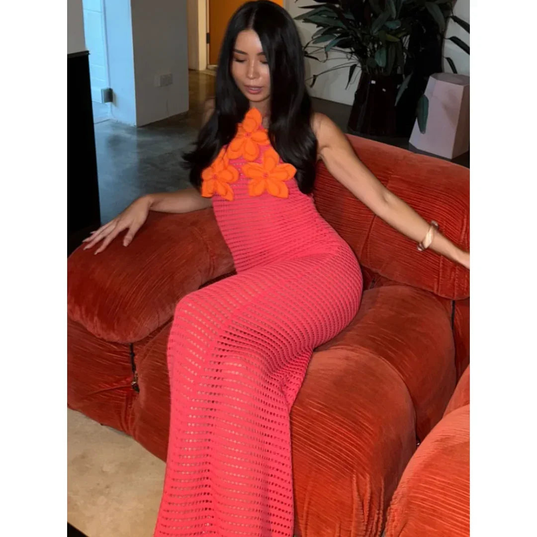 Robe longue femme crochet rouge avec fleurs oranges | ROBEMODE
