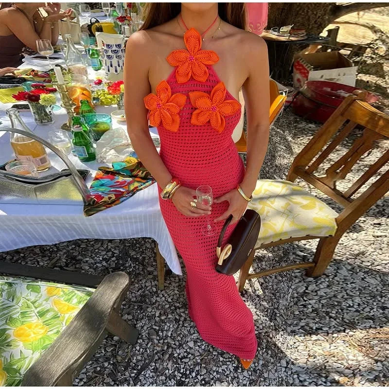 Robe longue femme crochet rouge avec fleurs oranges | ROBEMODE
