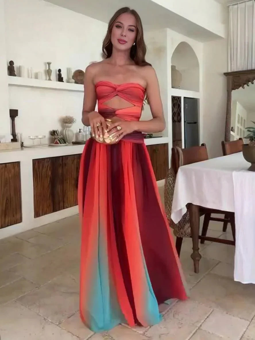 Robe maxi femme fluide dégradée avec bandeau froncé et découpe à la taille | Style confortable et tendance – ROBEMODE