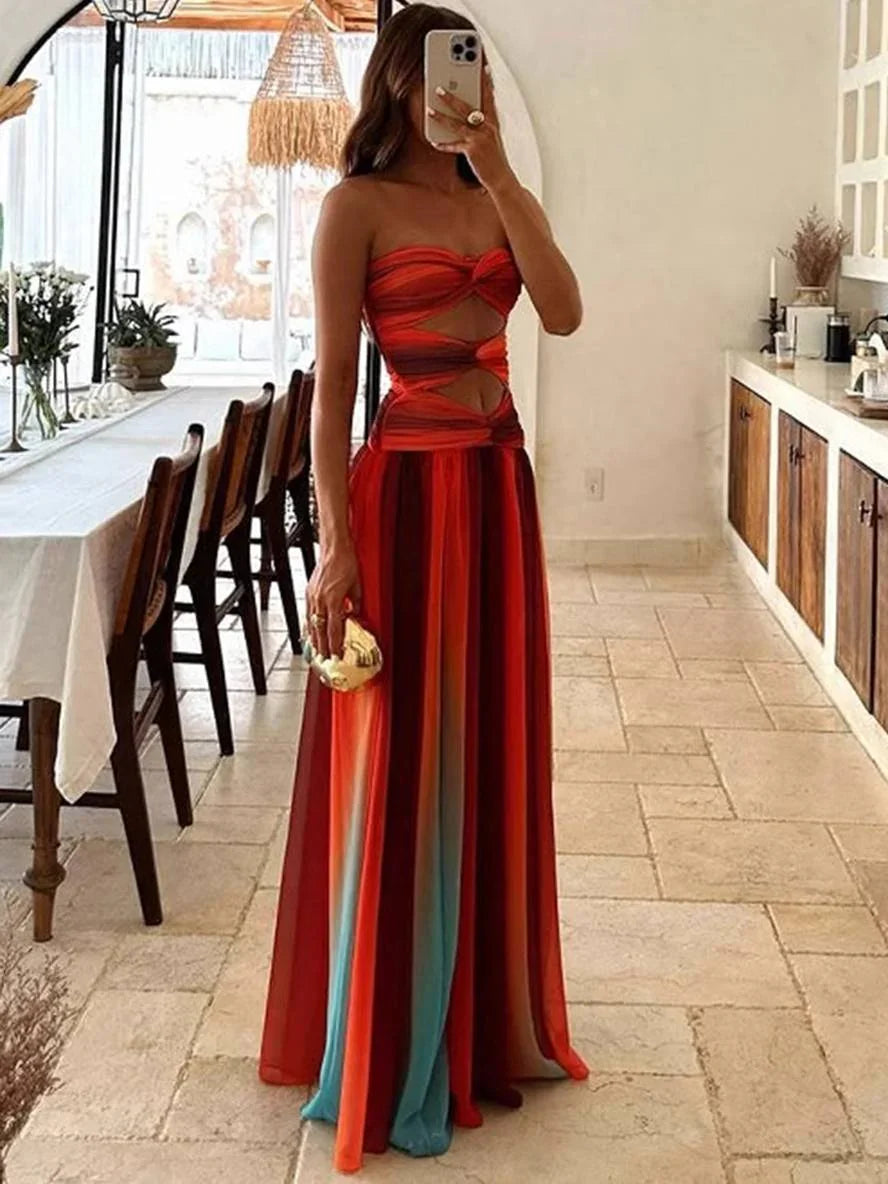 Robe maxi femme fluide dégradée avec bandeau froncé et découpe à la taille | Style confortable et tendance – ROBEMODE