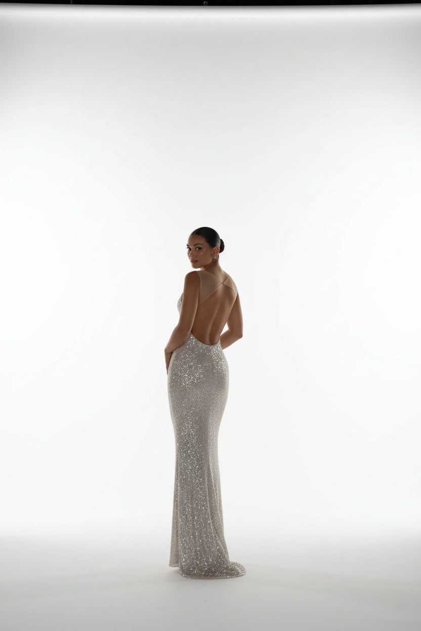 Robe longue dos nu à sequins femme | ROBEMODE