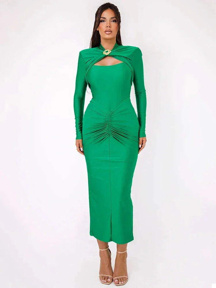 Robe longue femme avec détails métalliques manches longues | ROBEMODE