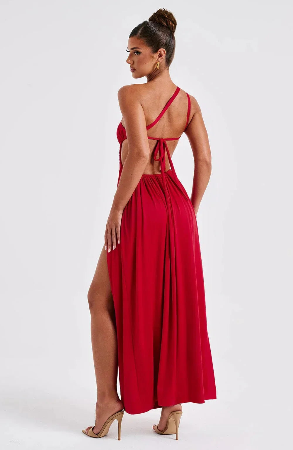 Robe longue fendue rouge à bretelle asymétrique | ROBEMODE