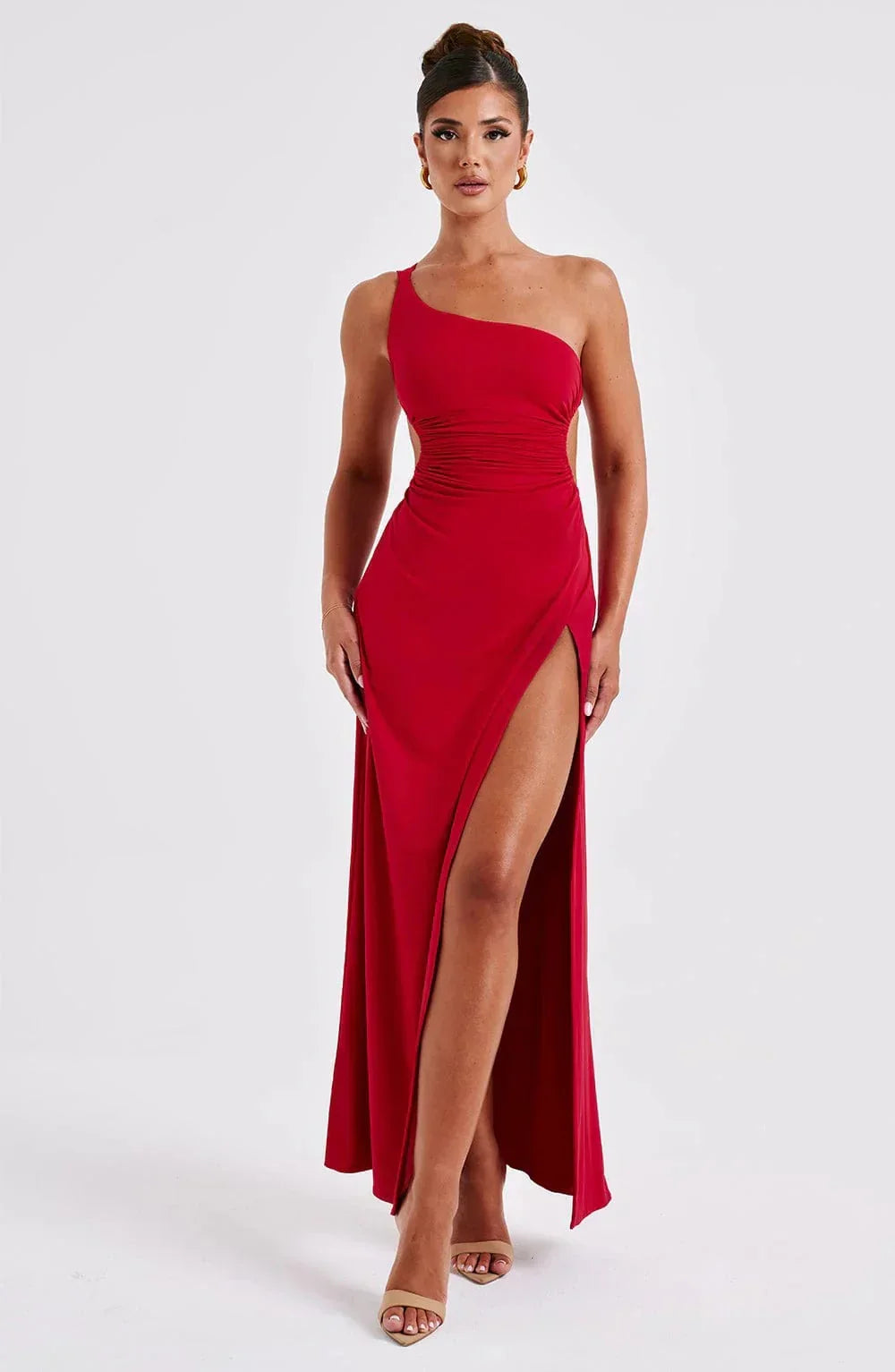 Robe longue fendue rouge à bretelle asymétrique | ROBEMODE