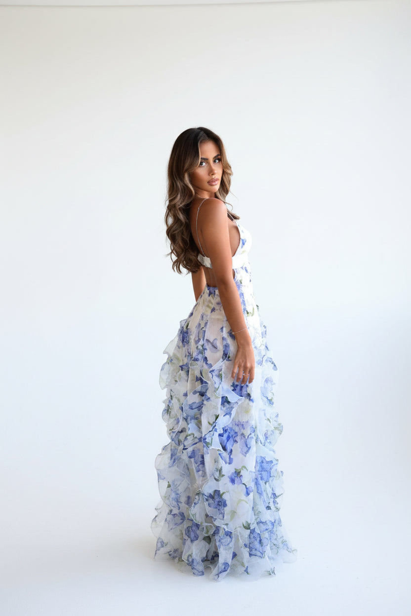 Robe Longue Florale Blanche et Bleue Volants Corset | Invitée Mariage Été | ROBEMODE