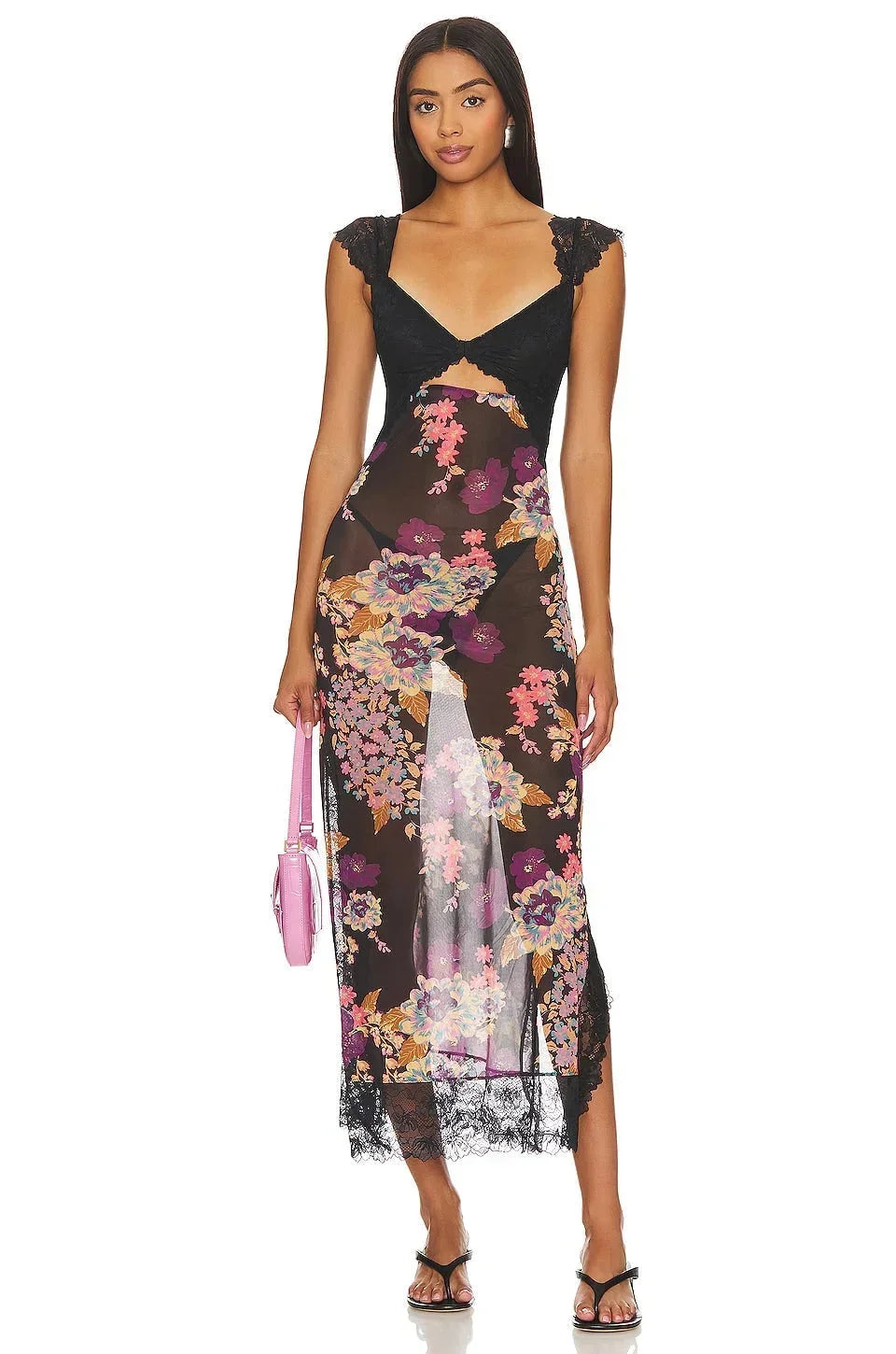 Robe maxi florale transparente dentelle cache-cœur | ROBEMODE
