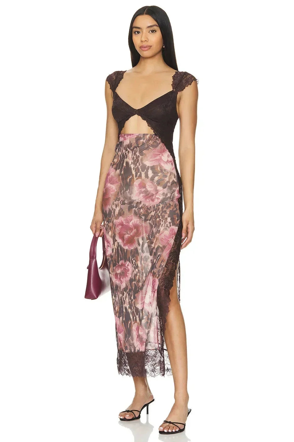 Robe maxi florale transparente dentelle cache-cœur | ROBEMODE