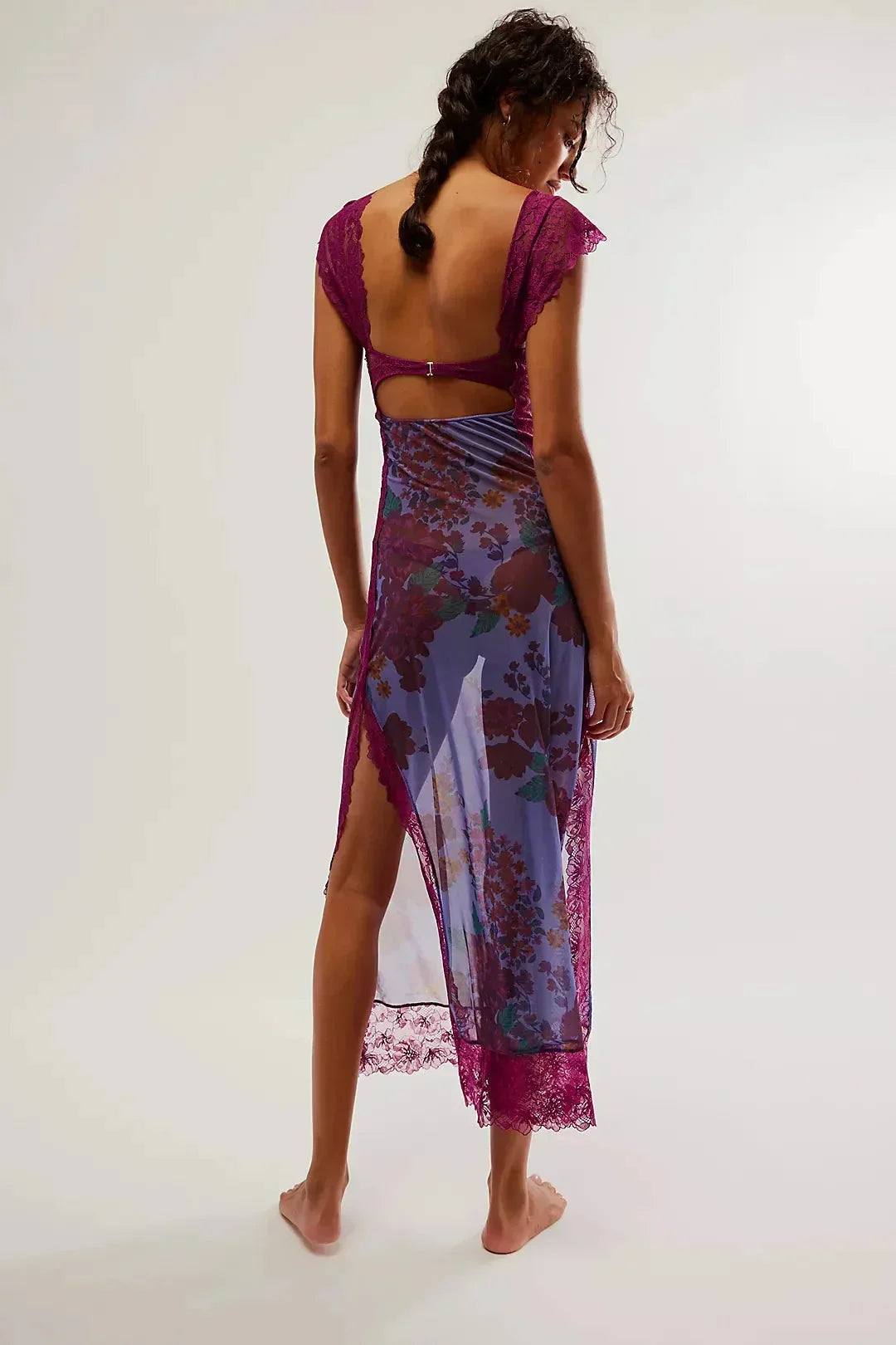Robe maxi florale transparente dentelle cache-cœur | ROBEMODE