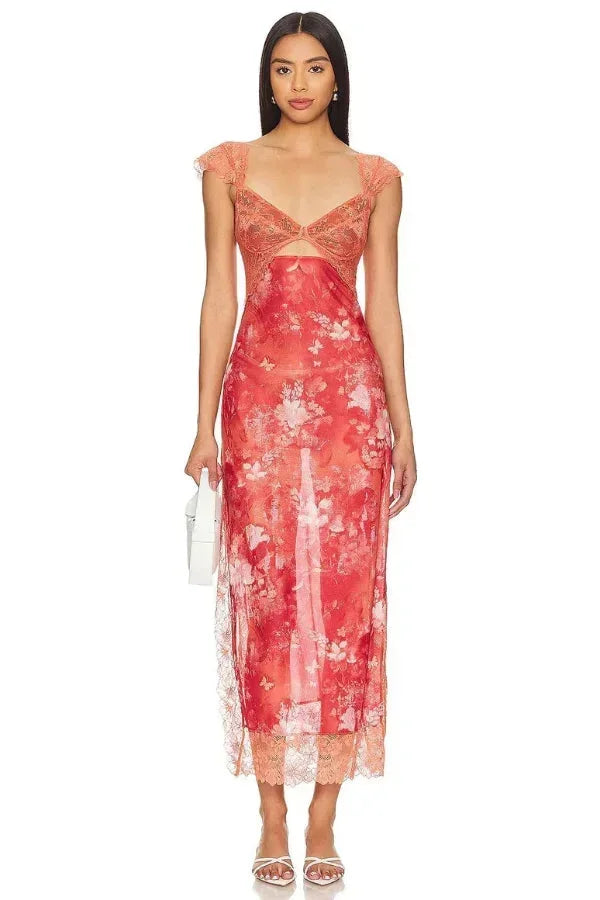 Robe maxi florale transparente dentelle cache-cœur | ROBEMODE