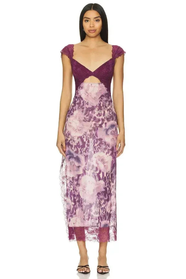 Robe maxi florale transparente dentelle cache-cœur | ROBEMODE