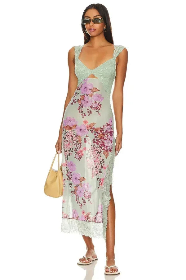 Robe maxi florale transparente dentelle cache-cœur | ROBEMODE