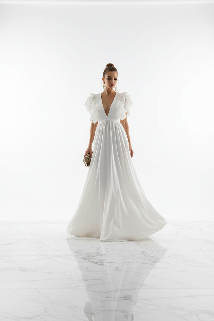 Robe Longue Fluide Manches Volantées Décolleté Plongeant | 4 Coloris Soirée Romantique | ROBEMODE