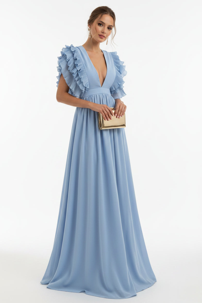 Robe Longue Fluide Manches Volantées Décolleté Plongeant | 4 Coloris Soirée Romantique | ROBEMODE