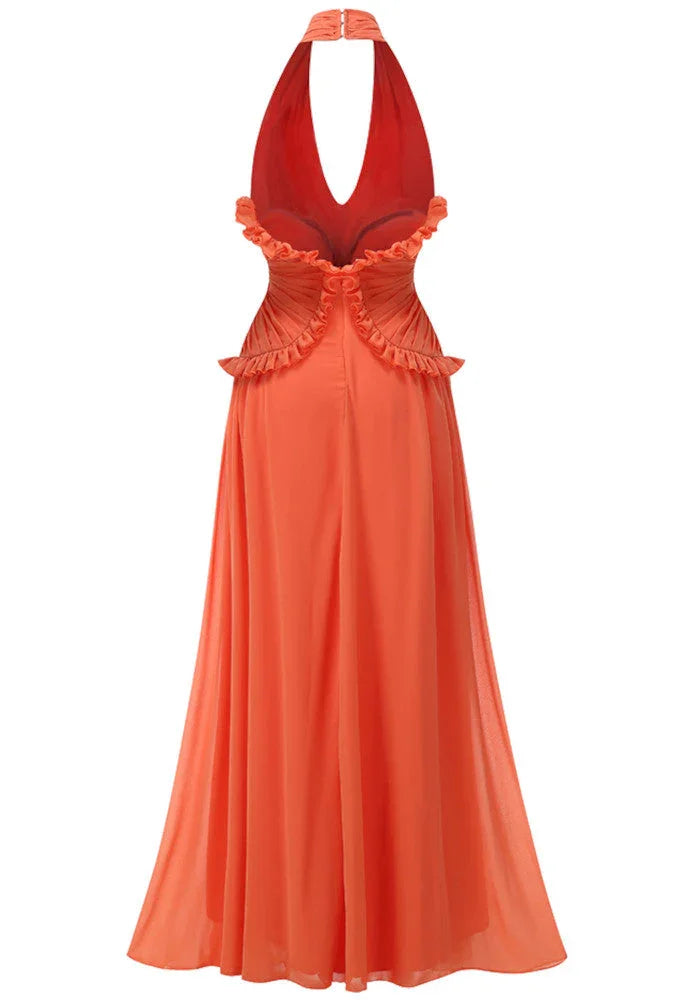 Robe longue orange à volants femme | ROBEMODE