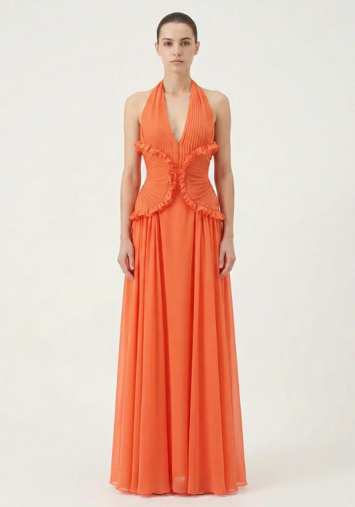 Robe longue orange à volants femme | ROBEMODE