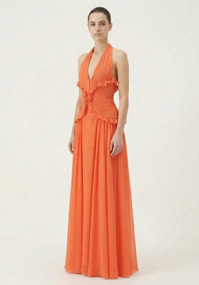 Robe longue orange à volants femme | ROBEMODE