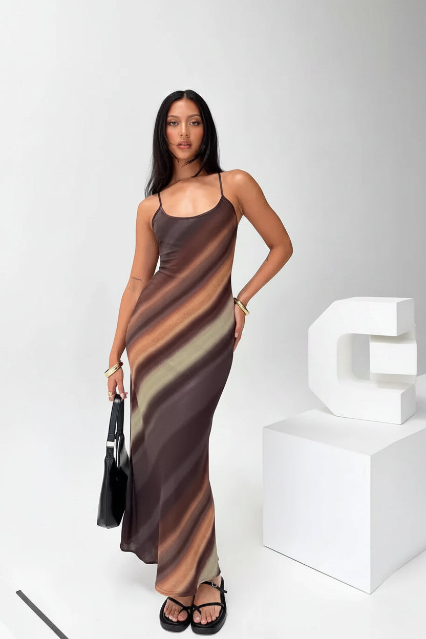 Robe longue marron dégradé bretelles fines fluide soirée | Coupe féminine + Style élégant + Facile à accessoiriser – ROBEMODE