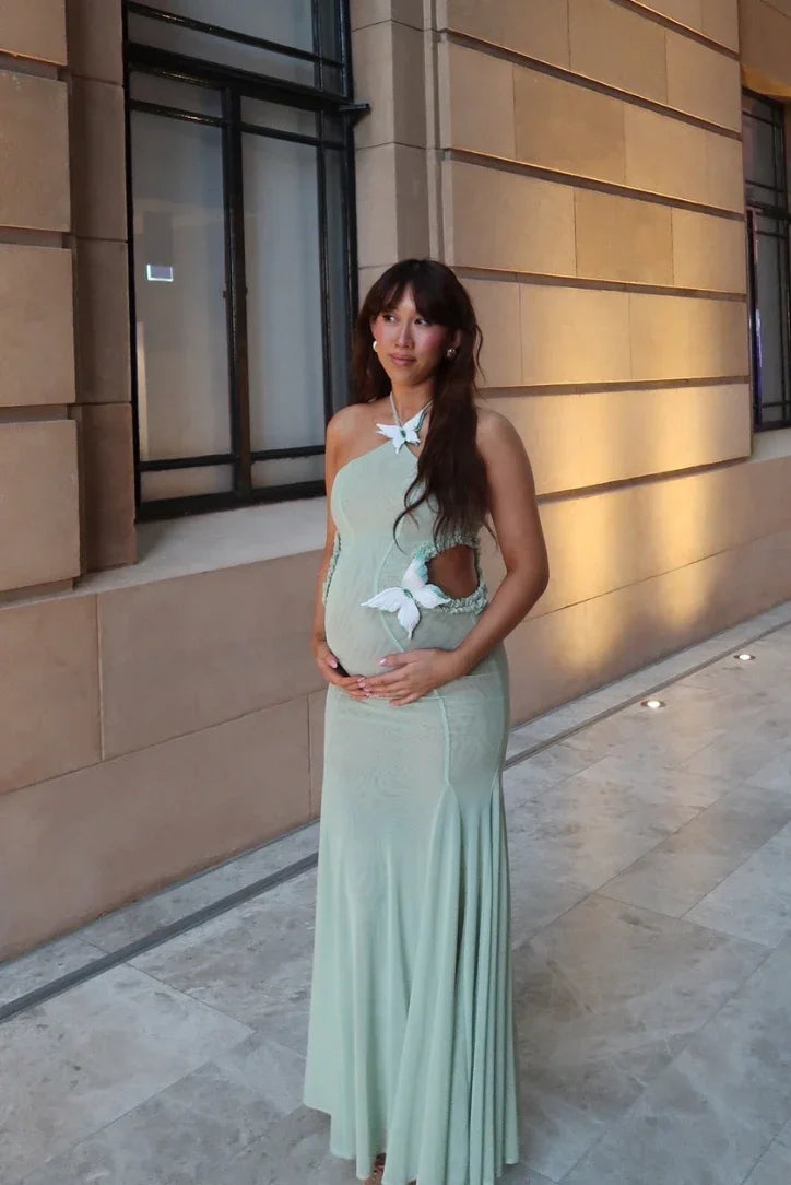Robe Longue Femme Verte Découpée Motif Papillon | ROBEMODE
