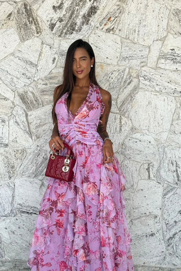 Robe longue violette fleurie à volants femme | ROBEMODE