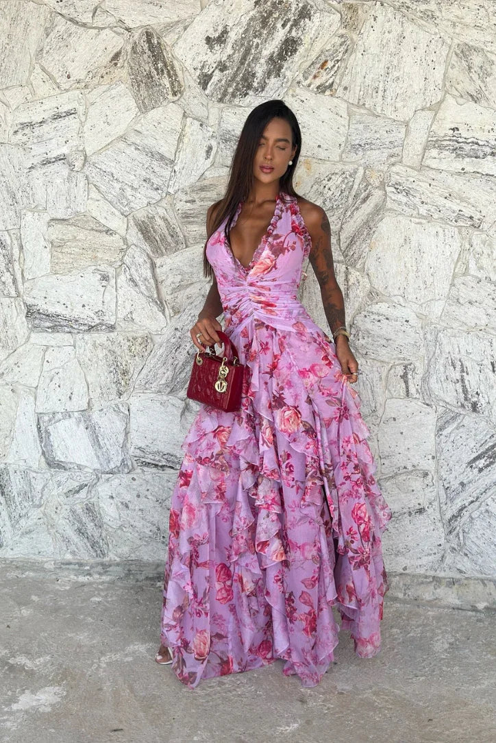 Robe longue violette fleurie à volants femme | ROBEMODE