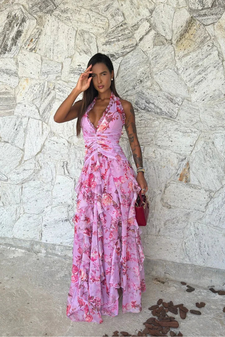 Robe longue violette fleurie à volants femme | ROBEMODE