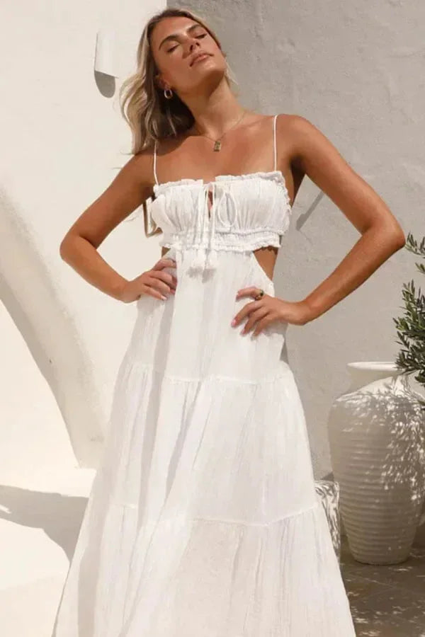 Robe longue été femme dos nu détails volantés