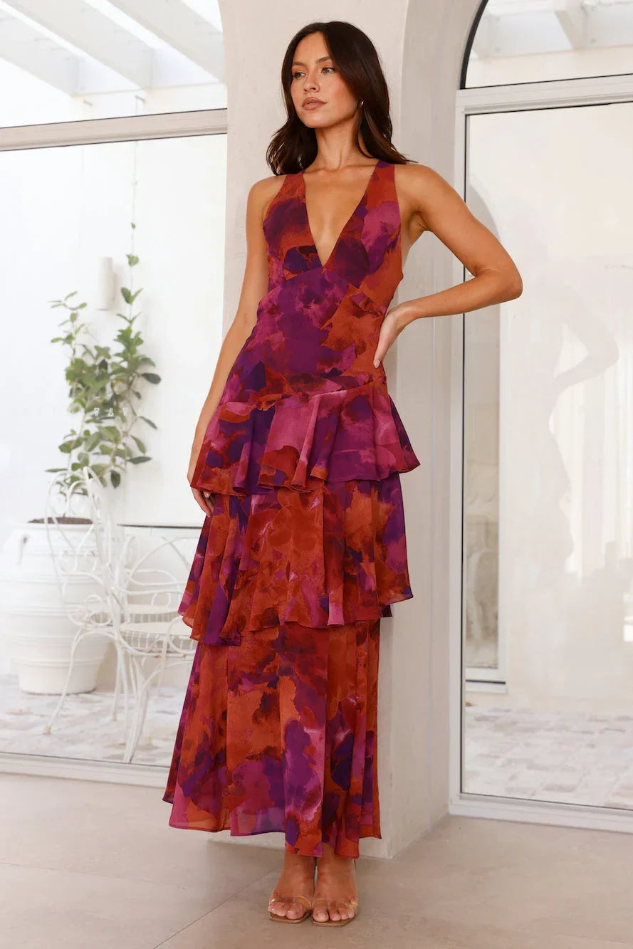 Robe Longue Femme Volants Imprimés Sans Manches Maxi Été | ROBEMODE
