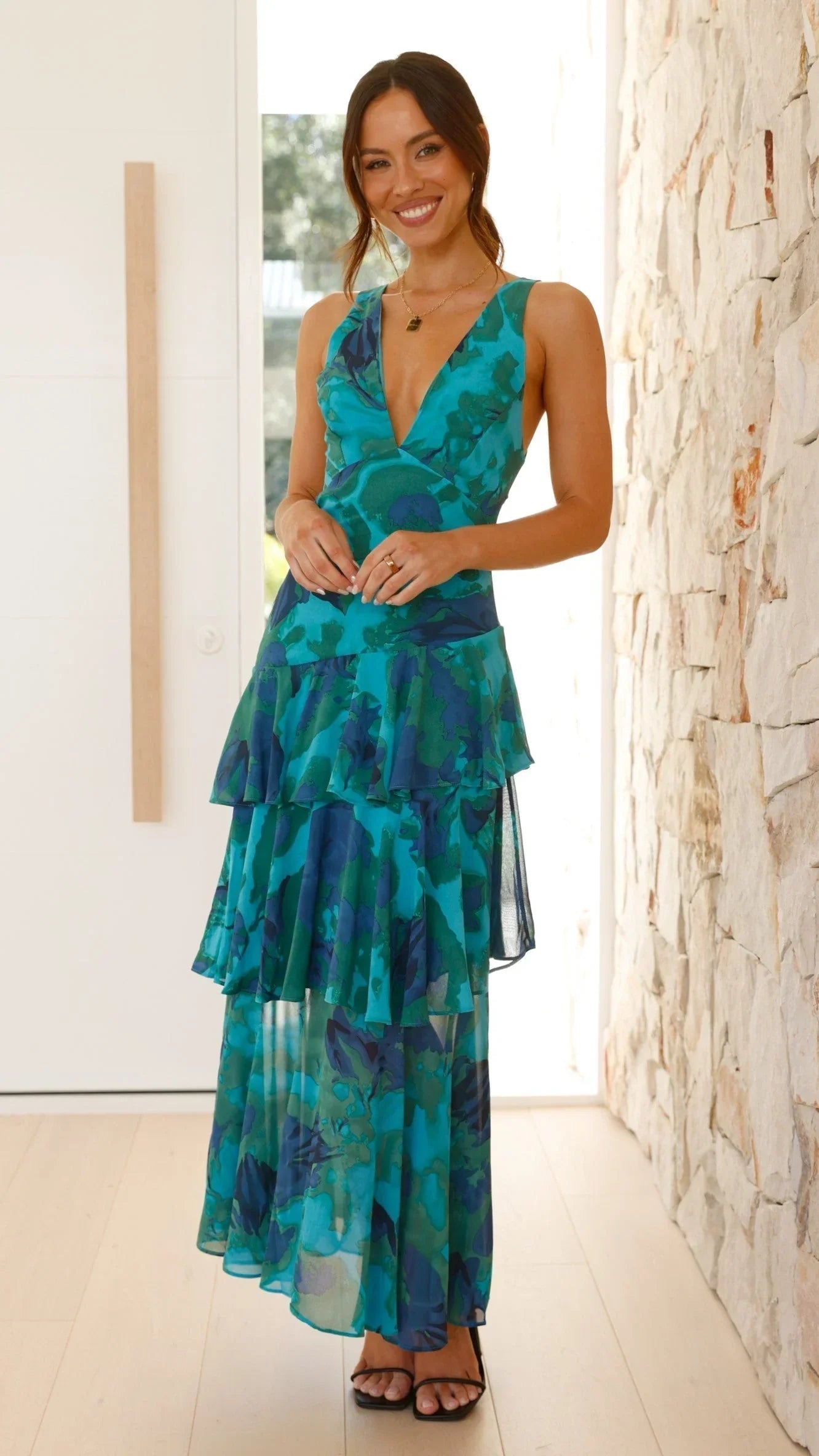 Robe Longue Femme Volants Imprimés Sans Manches Maxi Été | ROBEMODE